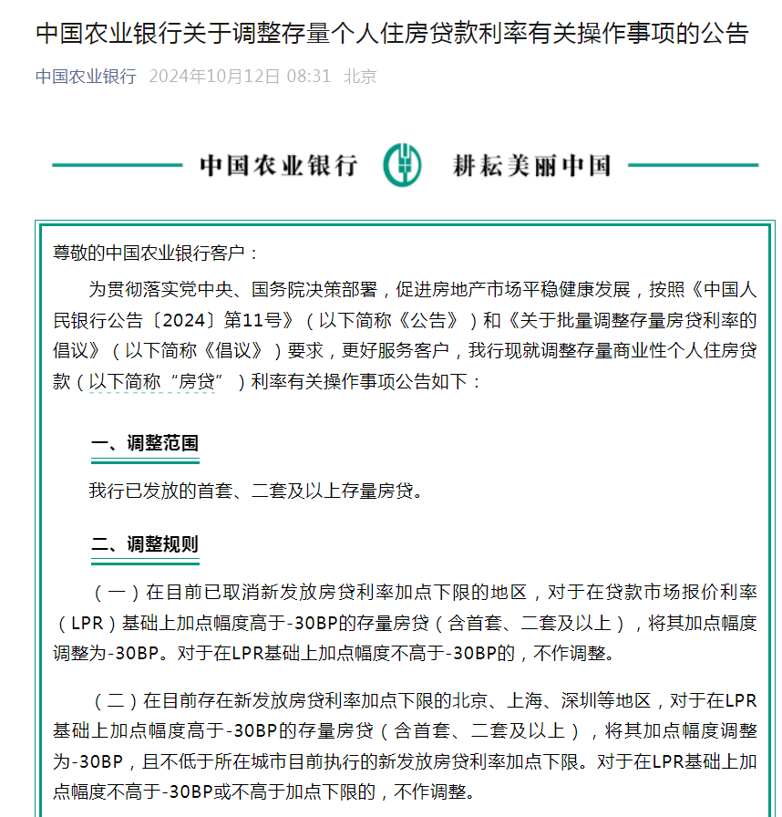 六大行集体官宣！10月25日起，存量房贷利率批量调整